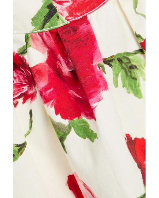 Carolina Herrera Red Pleated Floral-Print Cotton-Blend Mini Dress