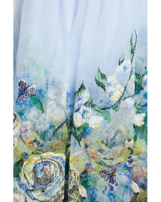 Marchesa Blue Strapless Bow-detailed Floral-print Organza Midi Dress
