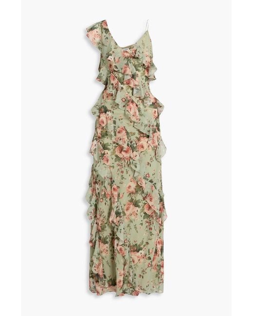Mikael Aghal Metallic Ruffled Floral-print Georgette Maxi Dress