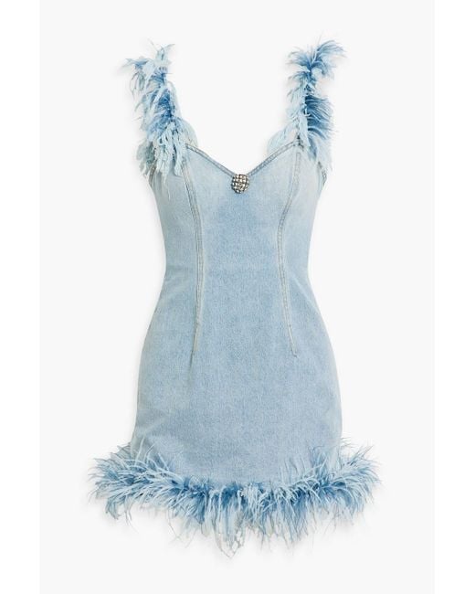 Area Blue Embellished Feather-trimmed Denim Mini Dress