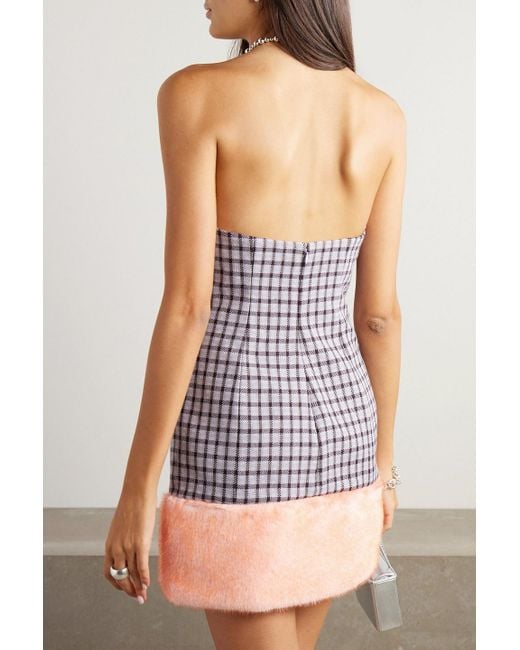 Area Purple Strapless Embellished Plush-trimmed Houndstooth Wool-blend Mini Dress