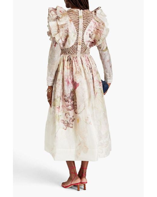 Zimmermann Natural Ruffled Floral-print Linen And Silk-blend Midi Dress