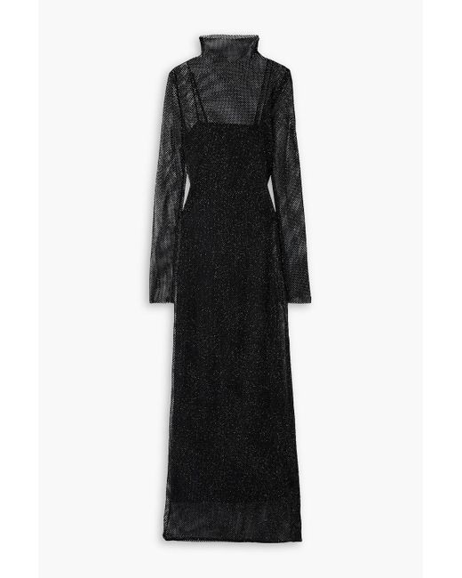 Philosophy Di Lorenzo Serafini Black Maxikleid aus stretch-mesh mit stehkragen in metallic-optik