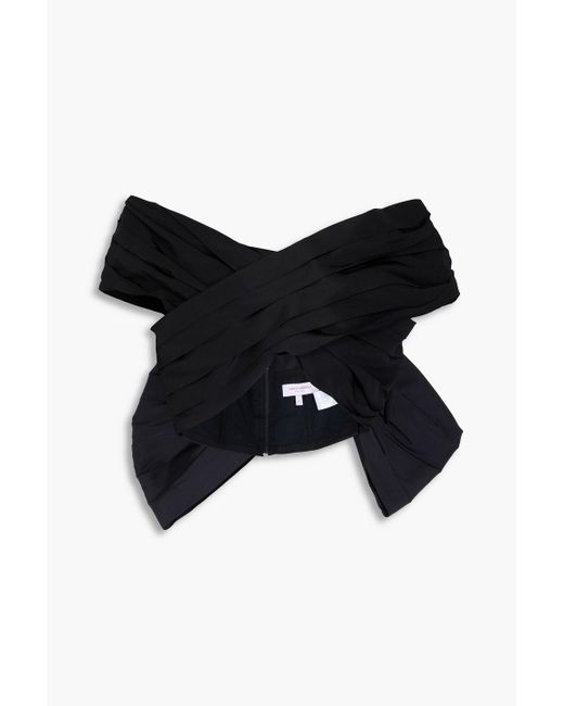 Carolina Herrera Black Cropped Bow-Detailed Pleated Silk-Faille Top