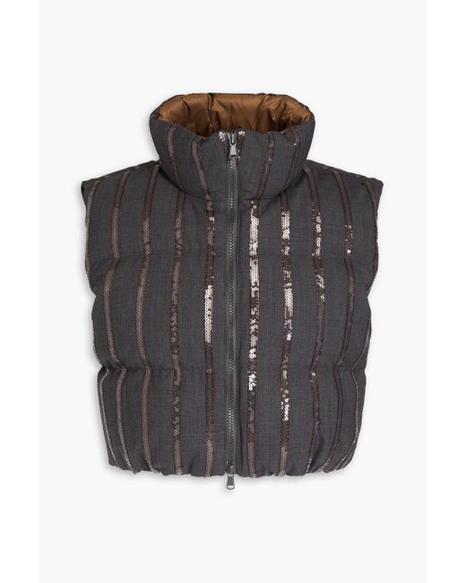 Brunello Cucinelli Black Cropped Quilted Sequin-embellished Wool-blend Vest