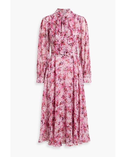 Mikael Aghal Red Pussy-Bow Metallic Floral-Print Crepon Midi Dress