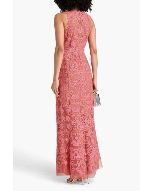 Marchesa Pink Floral-Appliquéd Corded Lace Gown