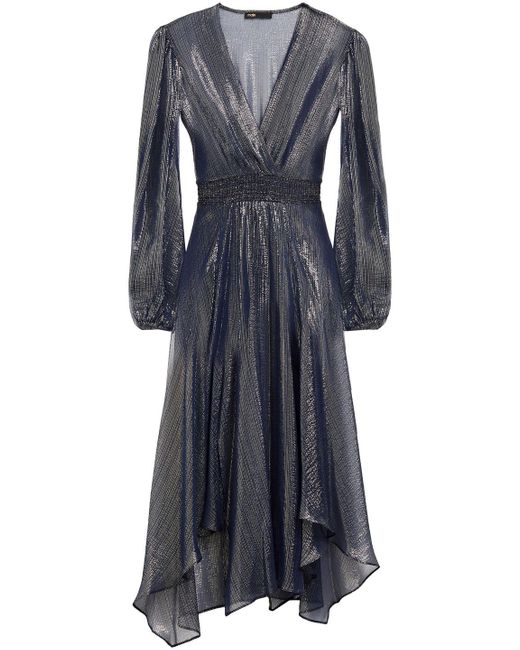 Maje Blue Ruit Wrap-effect Metallic Silk-blend Chiffon Midi Dress