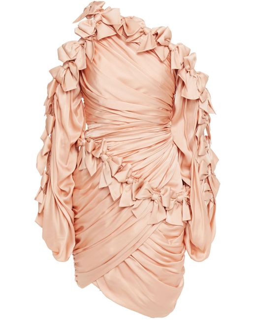 Zimmermann Pink Sabotage Bow Asymmetric Cold-shoulder Ruched Silk-satin Mini Dress