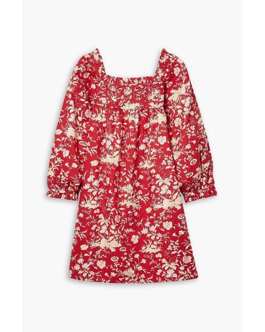 Doen Red Acton Pintucked Floral-print Cotton-poplin Mini Dress
