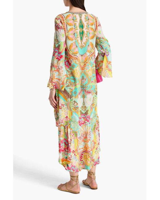 Camilla White Asymmetric Crystal-Embellished Printed Silk Crepe De Chine Maxi Dress