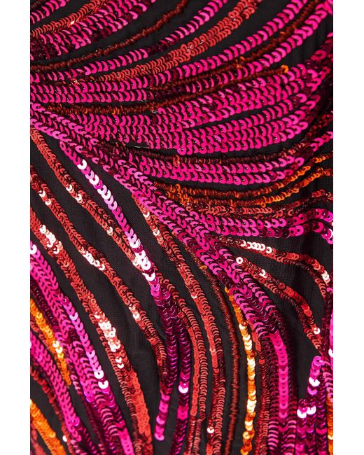 Halpern Red One-shoulder Cutout Sequined Tulle Mini Dress