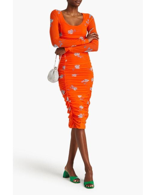Ganni Orange Ruched Floral-print Mesh Midi Dress