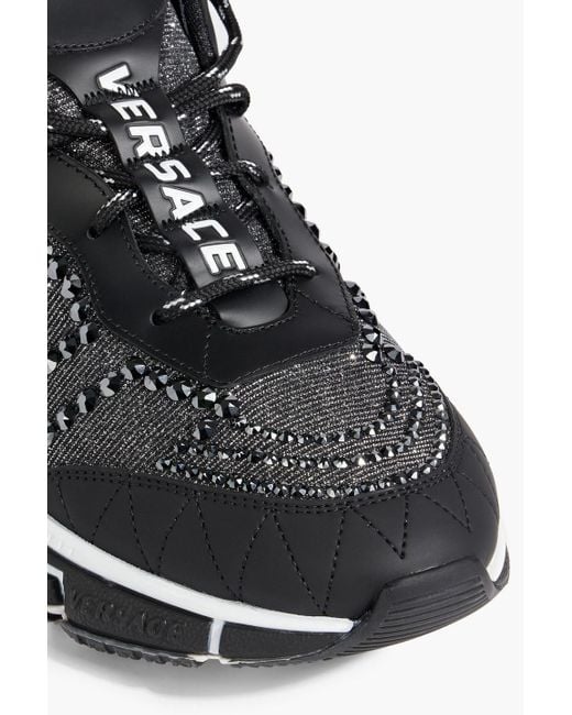 Versace Black Trigreca Crystal-embellished Metallic Mesh And Faux Leather Sneakers for men