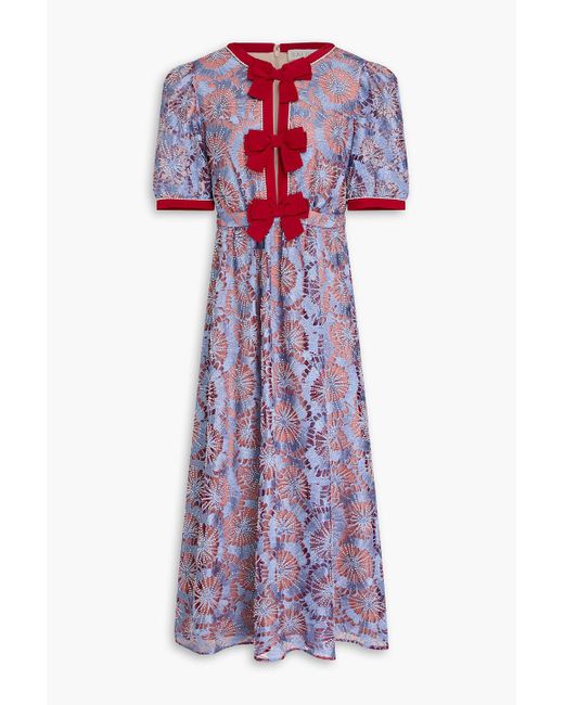 Saloni Purple Jamie Bow-Detailed Embellished Tulle Midi Dress