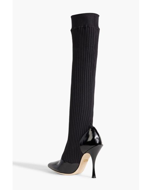 Dolce & Gabbana Black Glossed-leather And Ribbed-knit Knee Boots