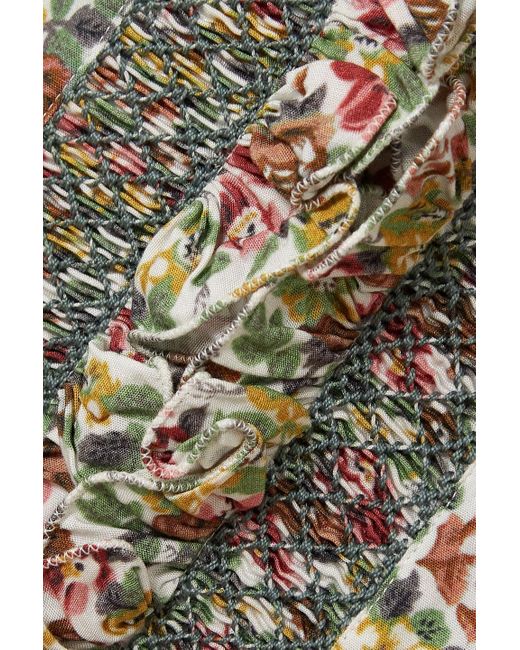 Loretta Caponi Green Donatella Ruffled Printed Woven Blouse