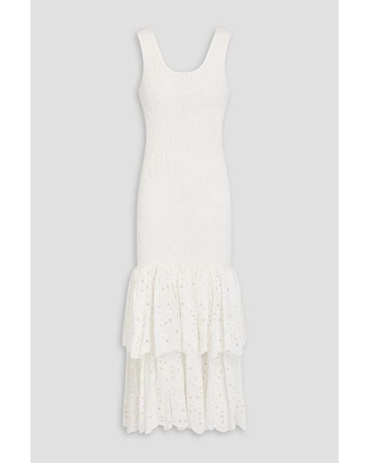 Charo Ruiz White Isa Shirred Broderie Anglaise Cotton-Blend Midi Dress
