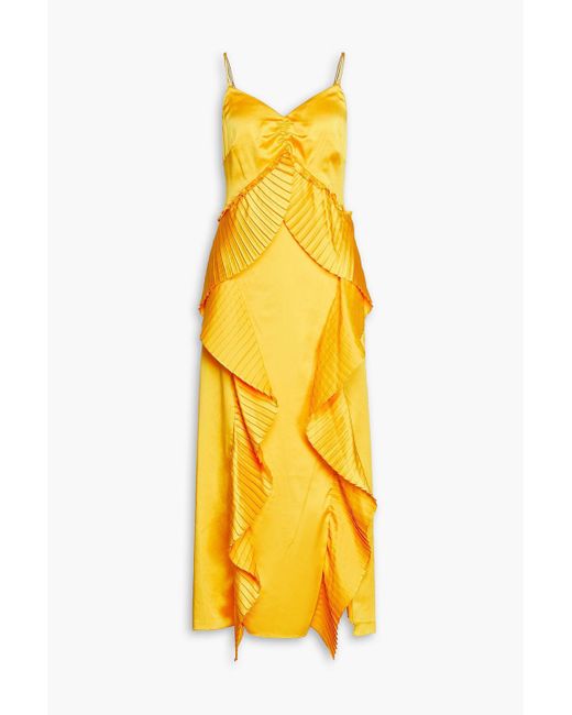 AMUR Pleated Ruffled Satin Maxi Slip Dress in Yellow Lyst