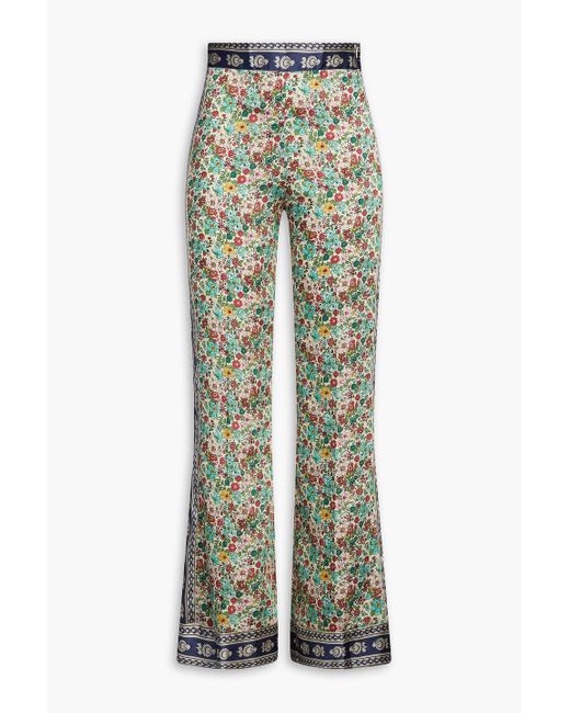 Sandro Floral-print Satin-twill Flared Pants in Green | Lyst Canada