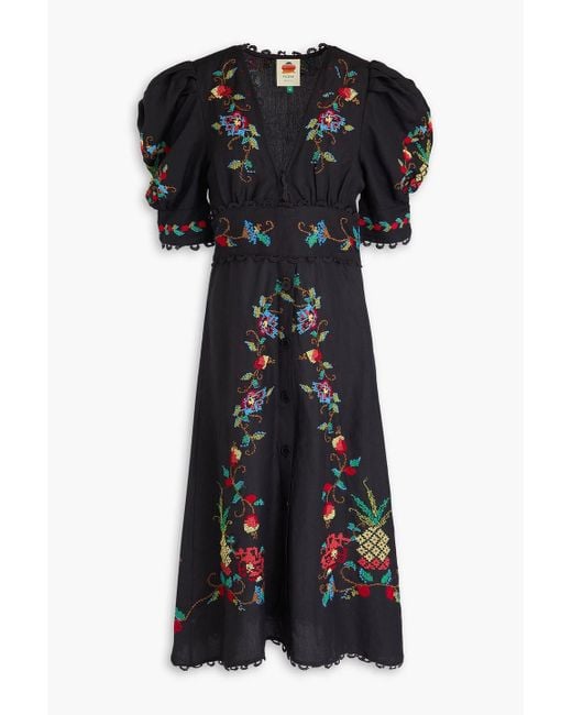 FARM Rio Embroidered Linen-blend Midi Dress in Black