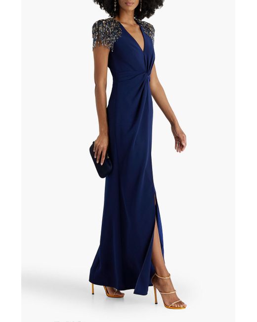 Jenny Packham Blue Nyra Embellished Twisted Crepe Gown