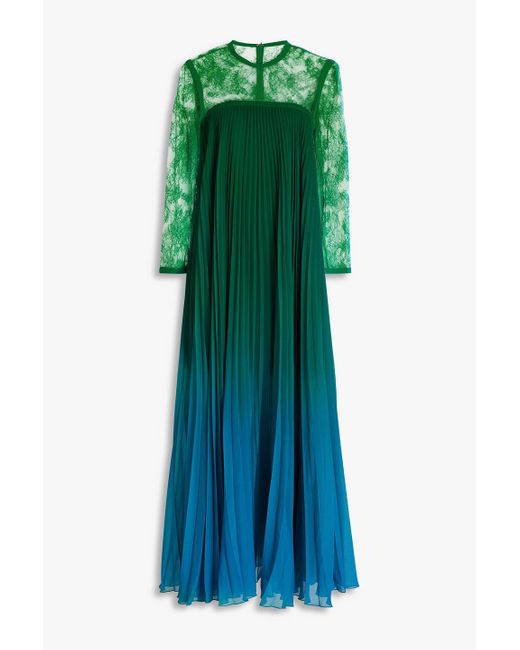 Elie Saab Green Lace-paneled Pleated Dégradé Georgette Maxi Dress