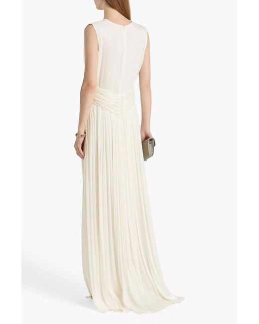 Costarellos White Cutout Pleated Metallic Georgette Gown