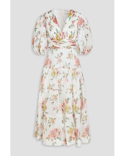 Zimmermann White Tiered Floral-print Plissé-organza Midi Dress