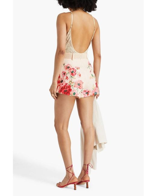 Zimmermann Pink Belted Floral-Print Linen Shorts
