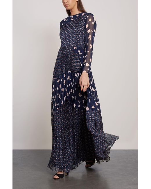 Mikael Aghal Blue Pleated Floral-print Chiffon And Georgette Gown Navy