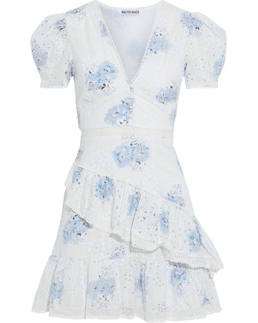 Walter Baker White Angelica Tiered Floral-print Broderie Anglaise Cotton Mini Dress