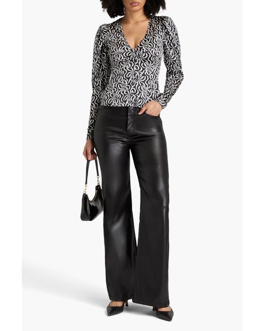 Ganni Black Geraffte bluse aus satin aus stretch-seide mit floralem print