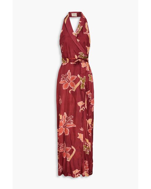 HANNAH Red Marcela Floral-print Silk Crepe De Chine Halterneck Maxi Dress