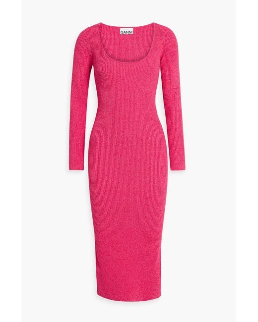Ganni Pink Marled Ribbed-knit Midi Dress
