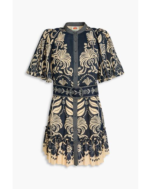 Farm Rio Blue Belted Printed Cotton-Blend Mini Dress