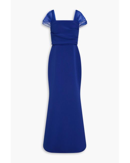 Badgley Mischka Blue Tulle-trimmed Draped Crepe Gown