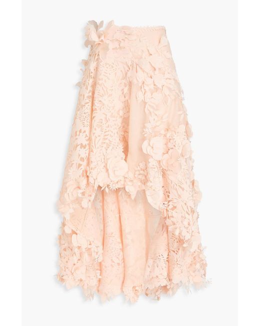 Zimmermann Pink Floral-appliquéd Linen And Silk-blend Organza Maxi Skirt