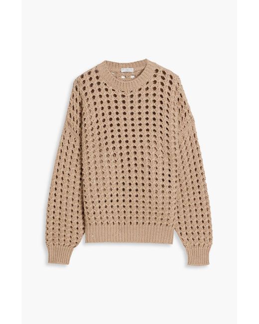 Brunello Cucinelli Natural Sequin-embellished Open-knit Cashmere And Silk-blend Sweater