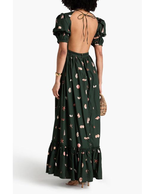 Agua Bendita Green Amapola Open-back Printed Cotton Maxi Dress