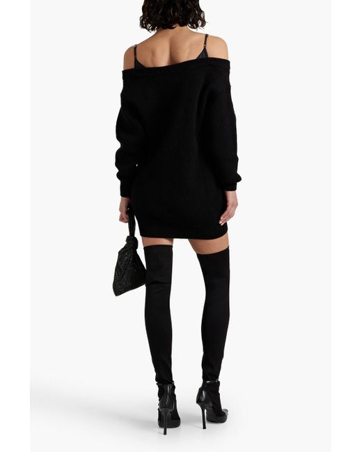 T By Alexander Wang Black Cold-shoulder Satin And Ribbed Cotton-blend Mini Dress