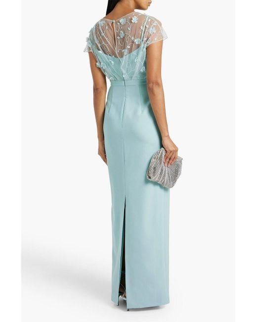 THEIA Blue Desirae Embellished Tulle-paneled Crepe Gown