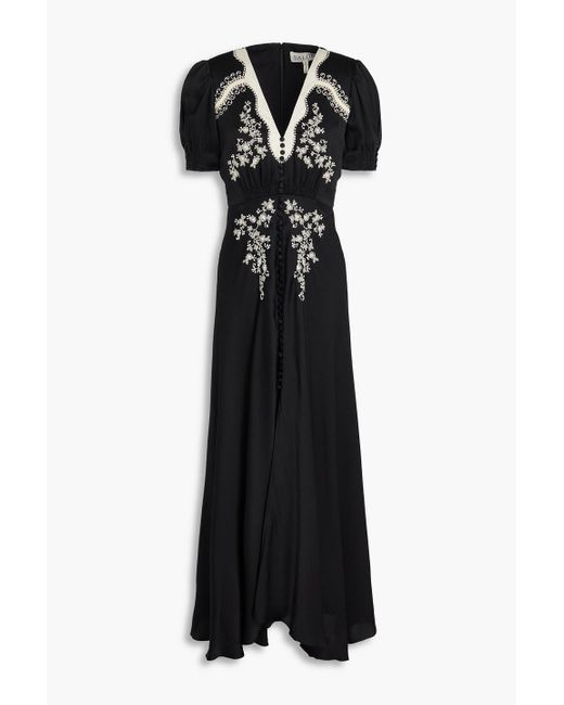 Saloni Black Lea Embellished Hammered-Silk Maxi Dress