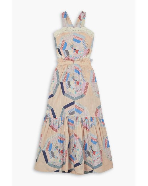 Sea White Quin maxikleid aus bedruckter baumwolle in patchwork-optik mit cut-outs und häkelbesätzen