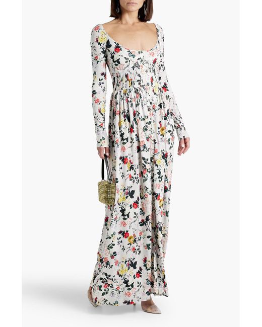 Rabanne White Pintucked Floral-print Stretch-jersey Maxi Dress