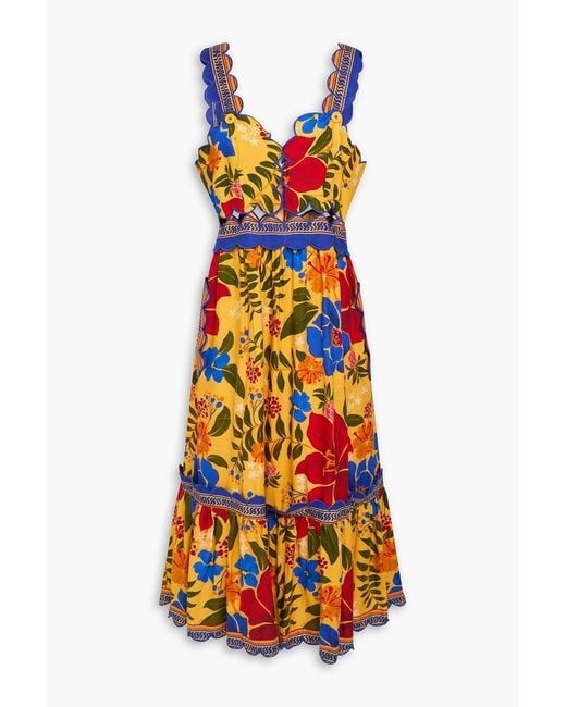 Farm Rio Orange Cutout Floral-Print Linen-Blend Midi Dress