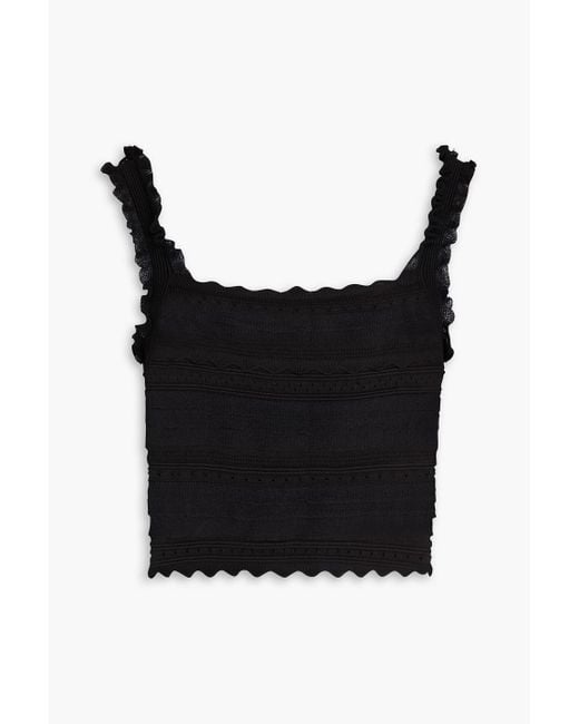 Sandro Black Cropped Pointelle-knit Top