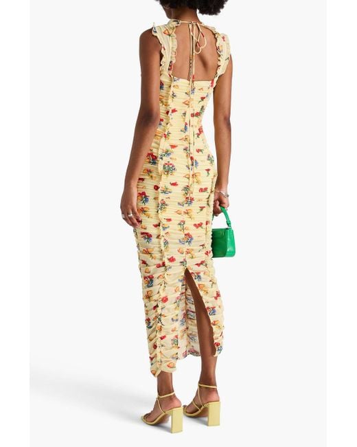 De La Vali Metallic Ruffled Floral-Print Georgette Midi Dress