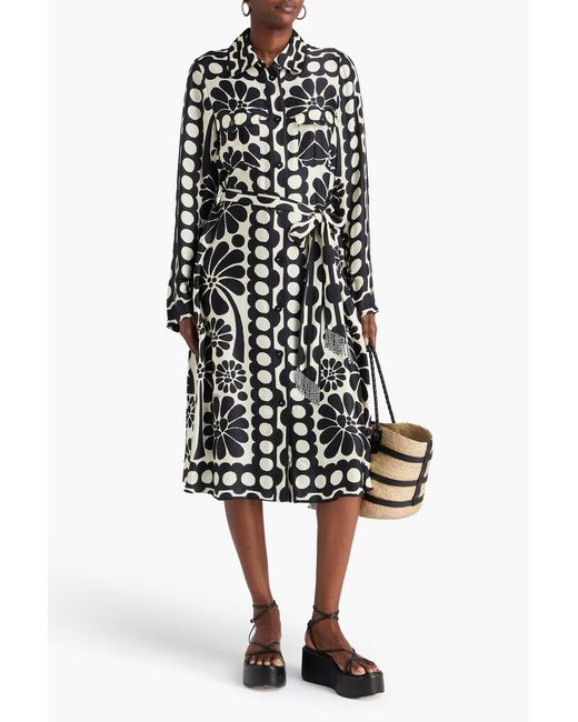 Farm Rio White Bead-embellished Printed Satin Midi Shirt Dress