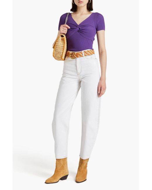 Sandro Purple Twist-front Cropped Ribbed-knit Top
